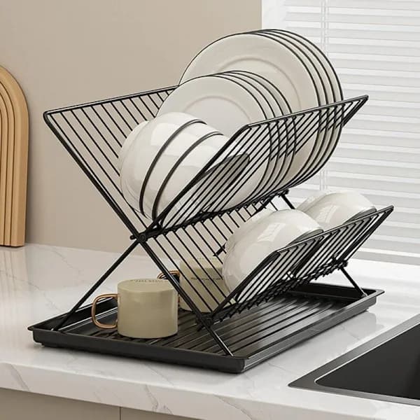 Foldable Dish Drying Rack with Removable Tray, 2 Tiers for Kitchen Counter