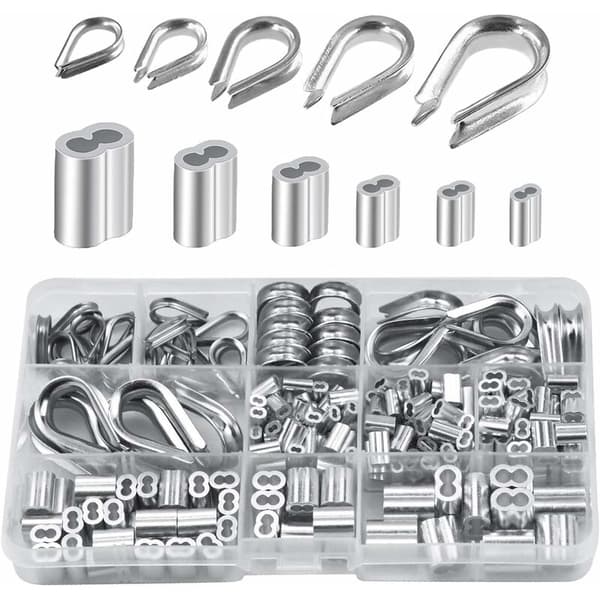 250-pack aluminium wire clips in 6 different sizes - Assorted double ferrules and 5 sizes of clips for wire rope