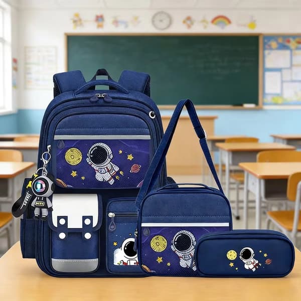 Astronaut-themed 3-piece student backpack set: a high-capacity, ergonomic, and load-reducing backpack with a colorful cartoon design