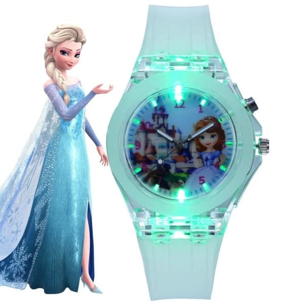 Flickor Barn Cartoon Klocka Frozen Quartz Klocka LED Flash -