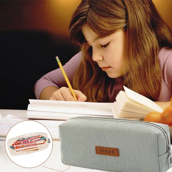 Linen Zipper Pencil Case, Large Capacity, Dark Blue KLB