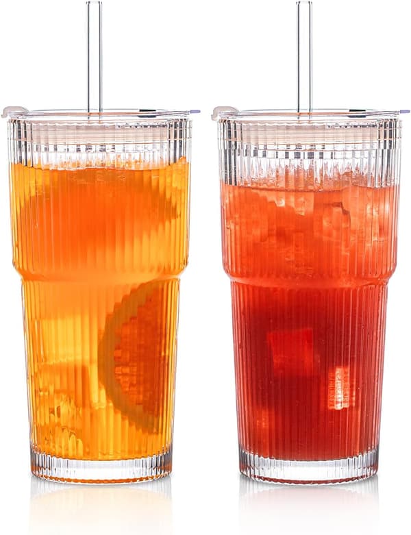2-pack 600 ml räfflade glasmuggar med lock och sugrör i glas, kaffekopp
