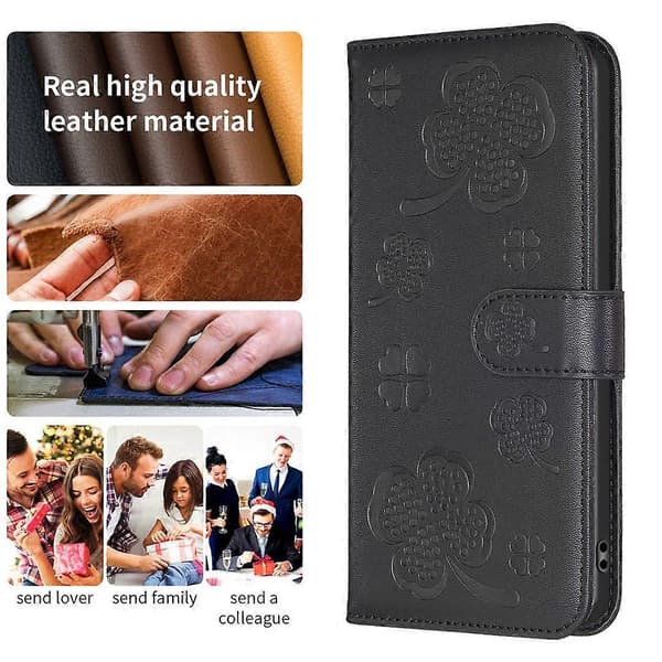 For Samsung Galaxy A56 Case Clover Pattern Wallet Stand View Leather Phone Cover - Black