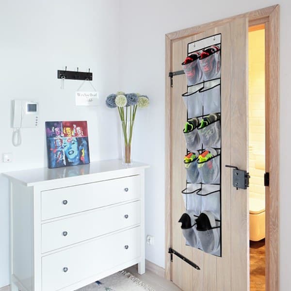 White storage shelf with 12 large mesh pockets, 2 hooks for storing small tools in kitchen, bedroom, bathroom, wardrobe
