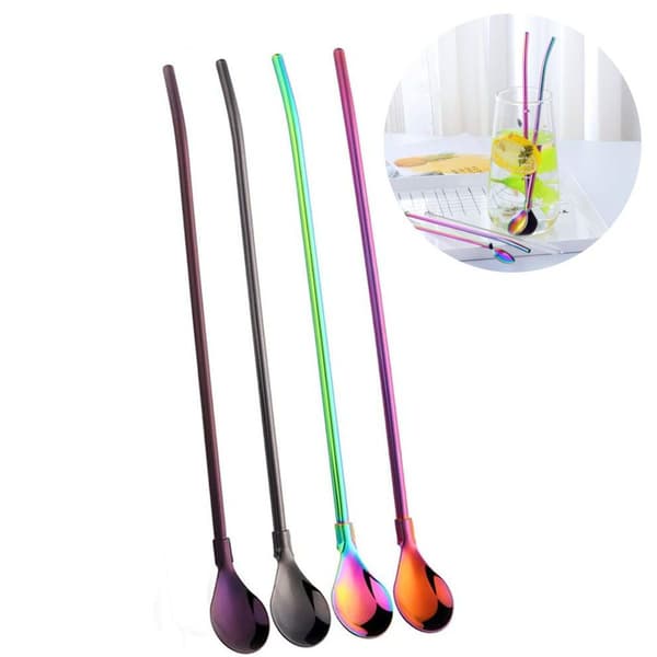 Drinking Straws, Spoons, Stainless Steel Drinking Straws with Spoons