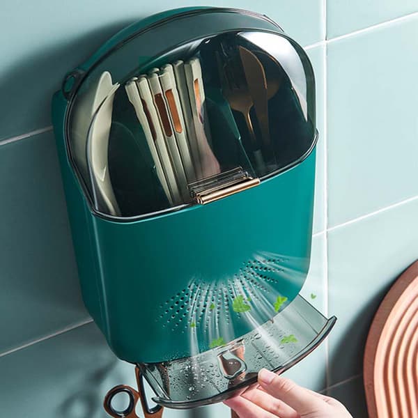 Wall Mounted Chopsticks Storage Box Multifunction Kitchen Cutlery Drain Rack Green Green