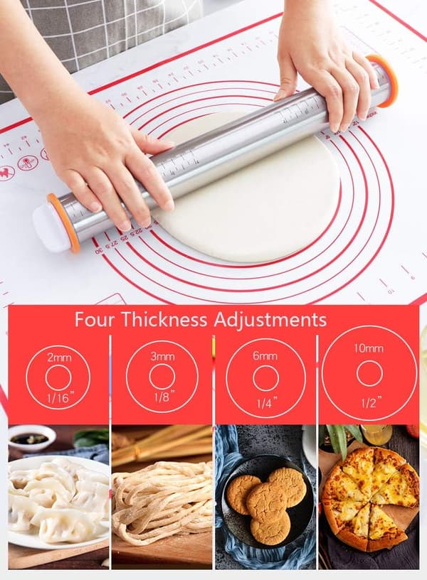 Non-Stick Rolling Pin, Stainless Steel Rolling Pin with Adjustable Discs and Measurement Markings Silicone Baking Mat