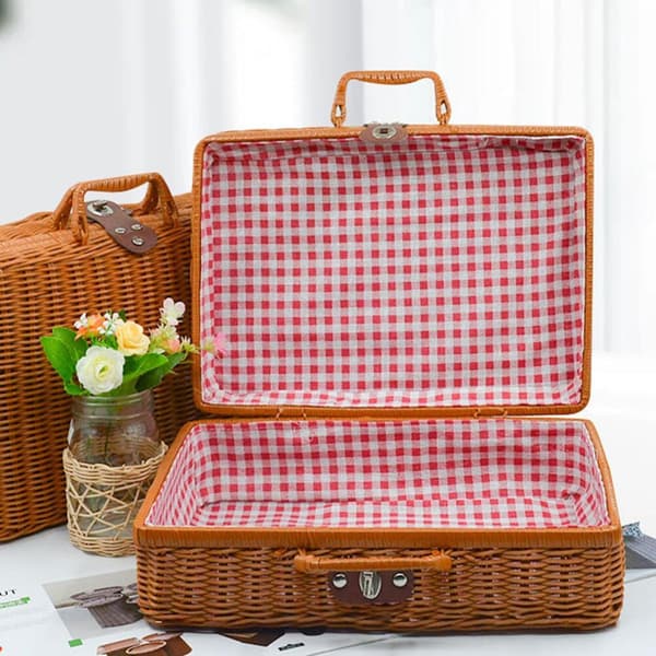 Wicker Look Storage Chest Small Wicker Storage Basket Smooth Leather Lock Cosmetics Home Storage