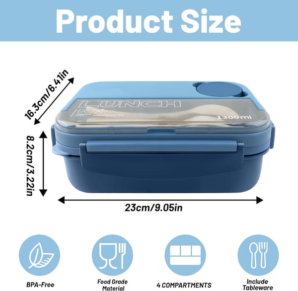 Bento Lunch Box for Adults, Leak-Proof Lunch Box with Sauce Container, Fork and Spoon