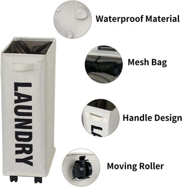 Rolling Slim Laundry Basket with Lid, Foldable Clothes Storage with Wheels for Home and Corner