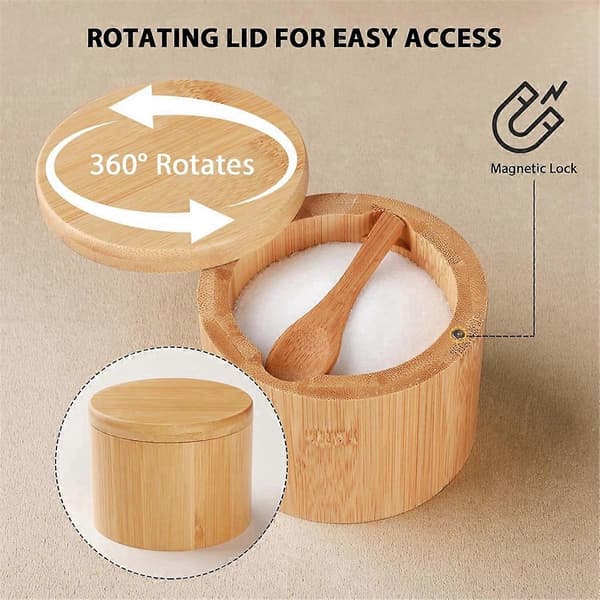 Bamboo Salt Cellar, 2 PCS Salt Boxes with Built-in Spoon