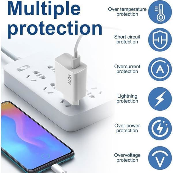 90W hurtiglader for Xiaomi Redmi Note 14/13/12/11 Pro 14C, USB-C 6A Hypercharge, turbolader med 1m USB-C-kabel