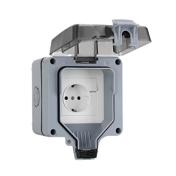 Waterproof Outdoor Socket 1-Gang IP66 with Switch, Indicator Light and Hinged Lid, Lockable EU Socket, Grey