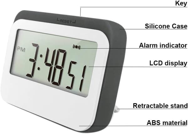 Digital køkkentimer 12/24 timer vækkeur med magnetisk bagside og udtrækkeligt stativ, stort LCD-display