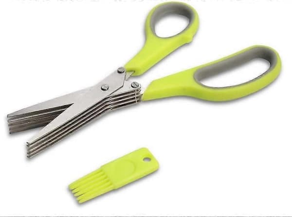 Multifunktionel køkkensaks med 5 blade i rustfrit stål og rensekam (grøn)