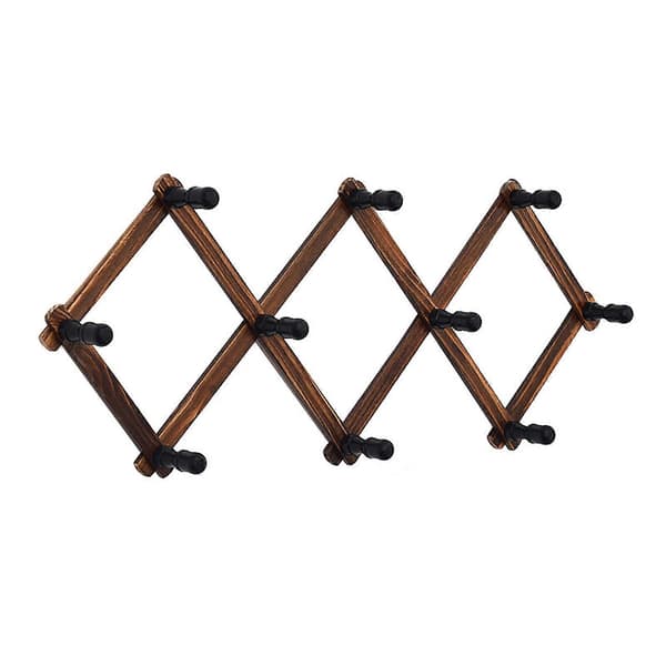 Expandable Wooden Wall Mounted Coat Rack with Hooks for Hats and Mugs, Space Saving Cap Organizer, Multicolor 35 Carbonization 35 Carbonization