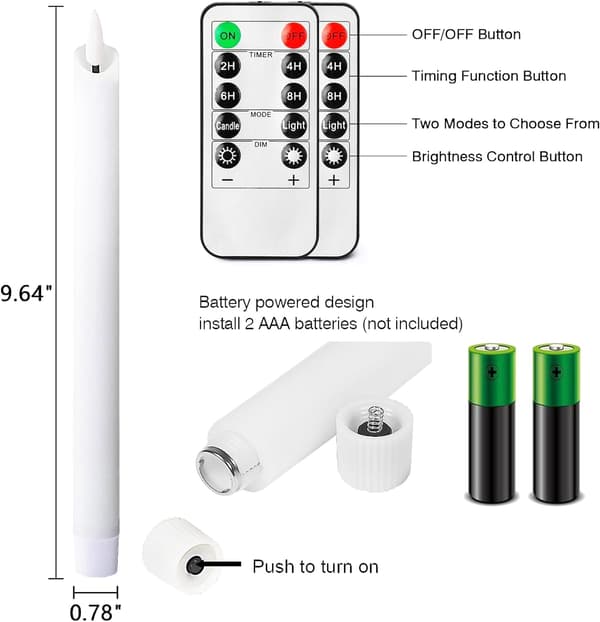 Flameless White Taper Candles with Flicker, Timer and 10-Key Remote Control, Battery Operated LED Warm 3D Wick Candles Window Yellow yellow