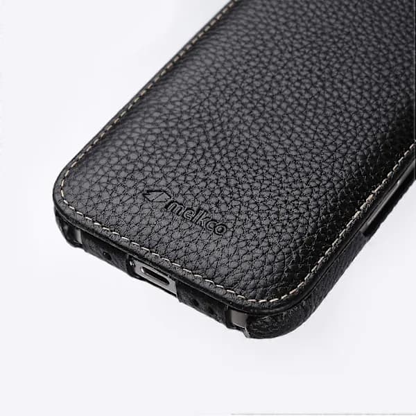 MELKCO Magnetic Case for iPhone 16 Pro Vertical Flip Genuine Leather+PC Shockproof Cover - Multicolor Black