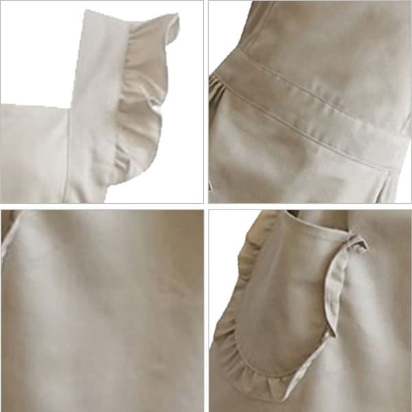 Justerbart retro-volangförkläde med fickor, storlek S till plus size, beige