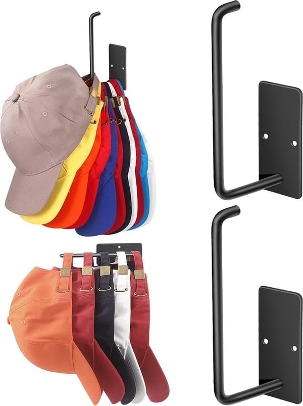 Baseballkasket Hatteholder, 2 stk. sort, selvklæbende krog i rustfrit stål, rummer 10+ hatte til dør/garderobe