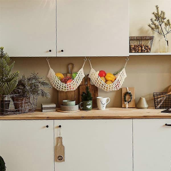 2 Pieces Macrame Fruit Hammock for Kitchen Under Cabinet Hanging Fruit Baskets Hand-Woven Decorative Fruit Net Bags