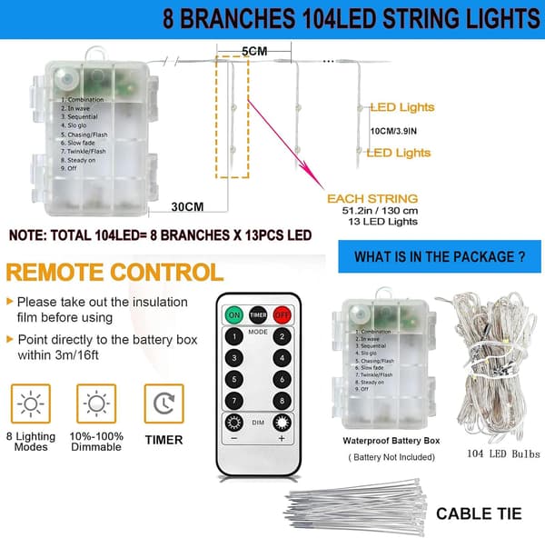 Waterproof 104 LED Battery Operated Umbrella Lights with Remote Control, 8 Lighting Modes (White) [Energy Class A]