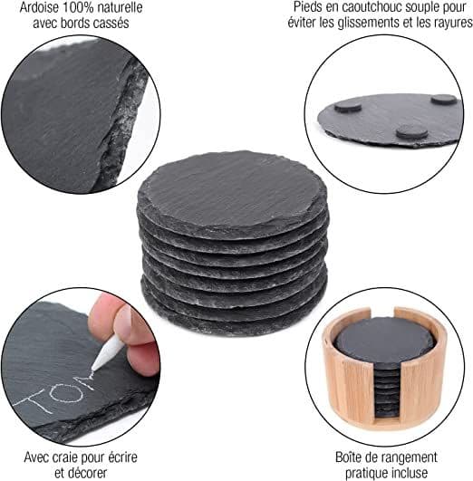 Slate Coasters, 10 cm Diameter (5 pcs) - Decorative Slate Coasters and Bamboo Storage Box (Round)