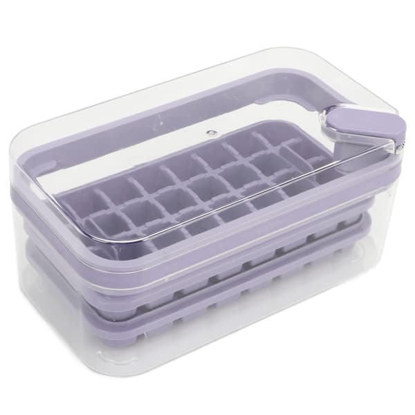 Ice Cube Tray 32 Compartments Double Layer Easy Release Ice Maker Mold with Container Lid for Cocktail Whiskey Coffee Purple