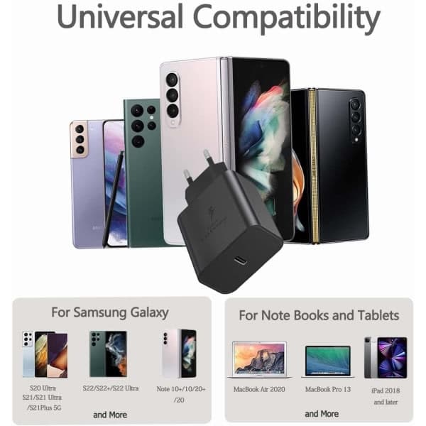 Hurtigoplader 45W til Samsung USB-C + 2M USB-C Kabel Sort