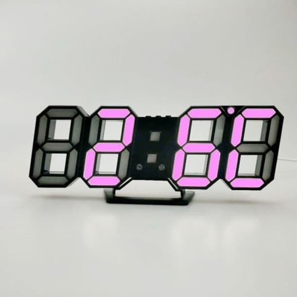 3D Stereo LED Vækkeur Stue 3D Vægur Sort Ramme Pink Lys