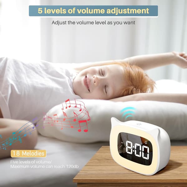 Kids Alarm Clock with Night Light & 18 Ringtones, Rechargeable, Stylish