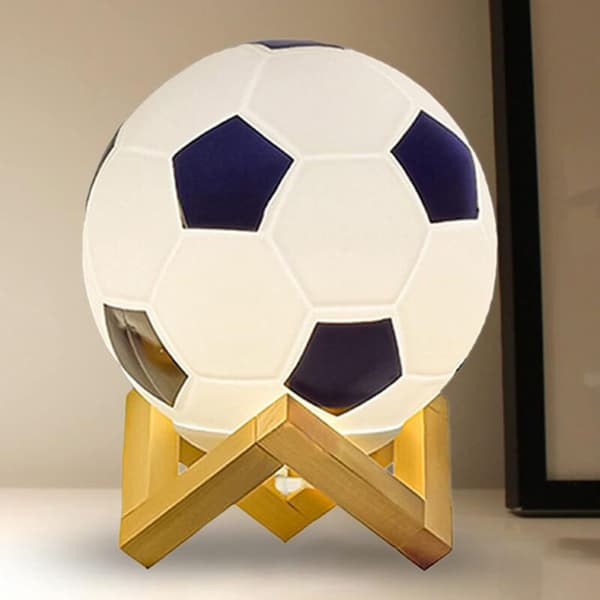 3D Football Lamp, Adjustable Brightness LED Night Light, USB Powered, Warm Light, Small Table Lamp, Solid Wood Base for Bedside Decoration, Hollow Base