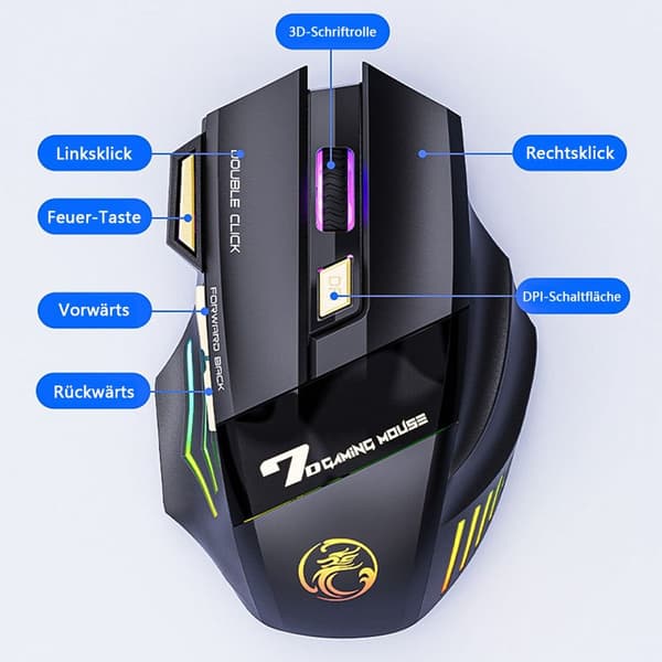 Wireless Gaming Mouse, Rechargeable Silent Click Gaming Mouse with 2.4G