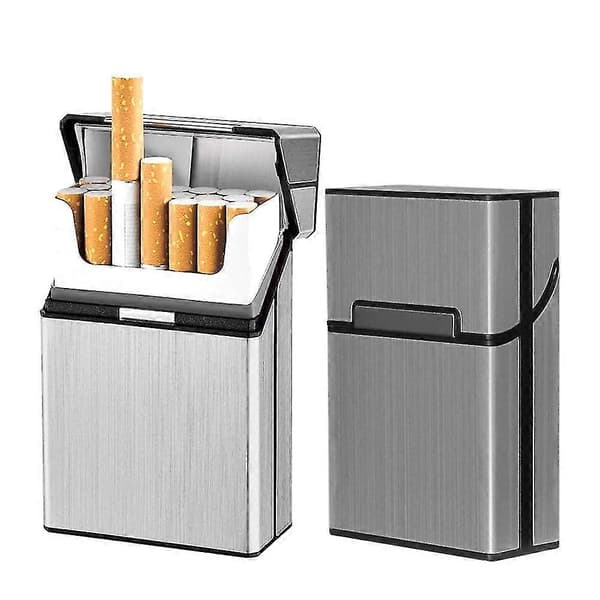 Cigarettfodral i borstad aluminium, hård låda och hållare