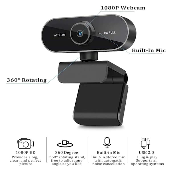 Webcam med mikrofon, Full HD 1080P Webcam Videokamera til