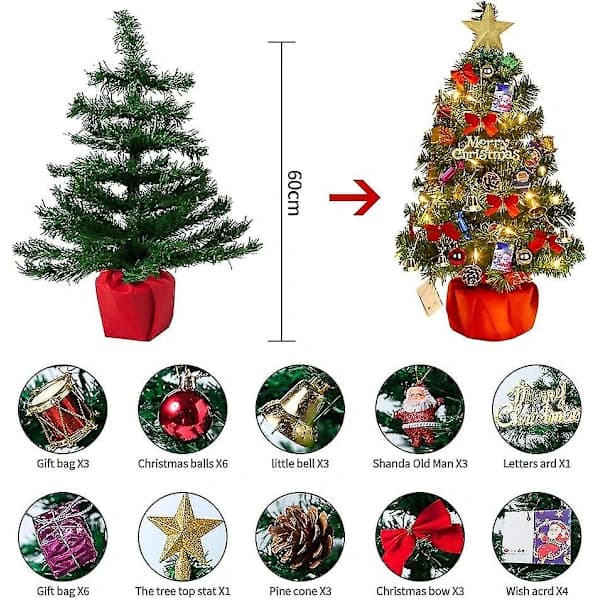 Christmas Tree 60 cm, Artificial Christmas Tree, Mini Christmas Tree with Fairy Lights and Decorations