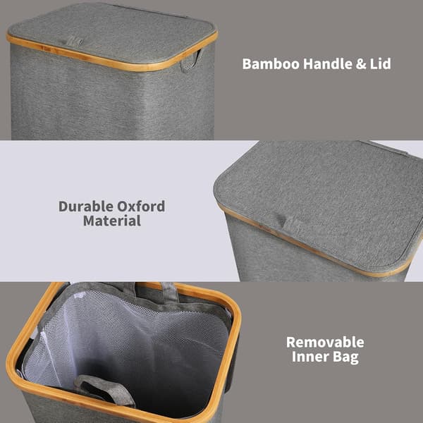 110 liters laundry basket with mesh pocket and lid (grey), bamboo handle, XXL foldable laundry basket