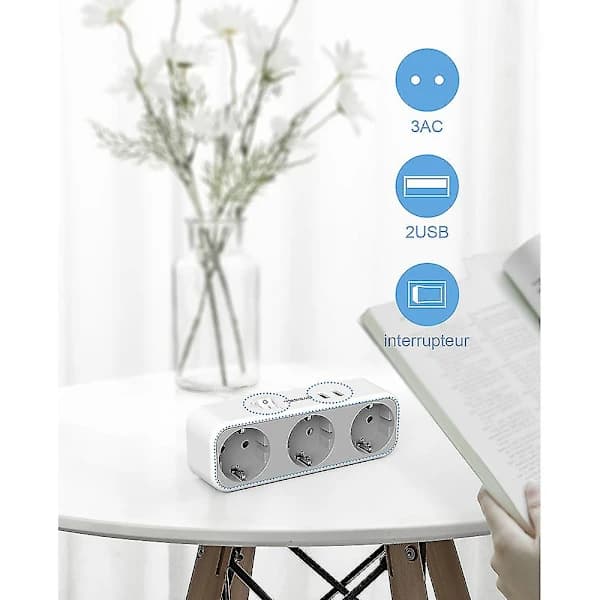 Wall-mounted power strip adapter 3-way with 2 USB ports and switch, 3 sockets Europe plug for outlets, multiple plug for outlets and USB ad...