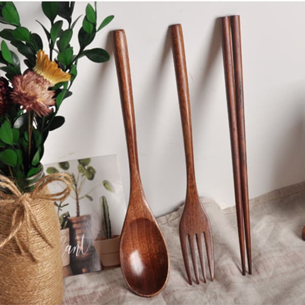 3st/ set Träbestick Gaffel Sked Ätpinnar Bestick Set Brun Brown