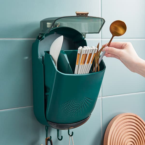 Wall Mounted Chopsticks Storage Box Multifunction Kitchen Cutlery Drain Rack Green Green