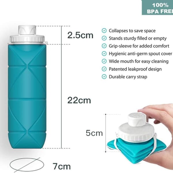 Foldable Water Bottle BPA-Free Silicone Leak-Proof Blue KLB