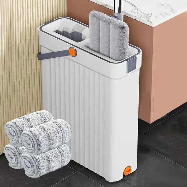 Mopping- og spandsæt med roterende fladmoppe – Våd- og tørrengøring, 4 vaskbare mikrofiberklude, lang moppe