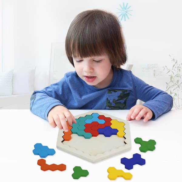 Block Tangram Form Trä Hex Pussel Hjärngympa Geometrisk Lo
