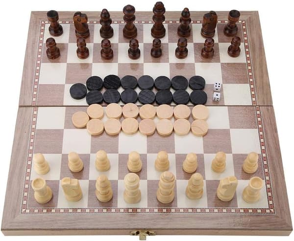 Træskaksæt, 3-i-1 skak og dam og backgammon foldbart skaksæt, bærbart rejsespil legetøj