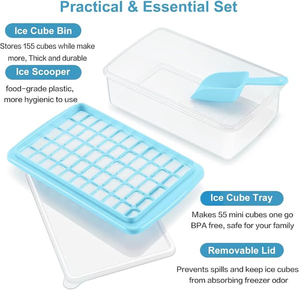 Ice Cube Tray with Lid and Storage Container for Freezer, Easy Release 55 Mini Nugget Ice Cube Tray with Container and Scoop, Flexible