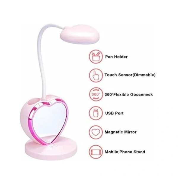 Genopladelig LED-skrivebordslampe til piger, USB-port og penneholder, Di