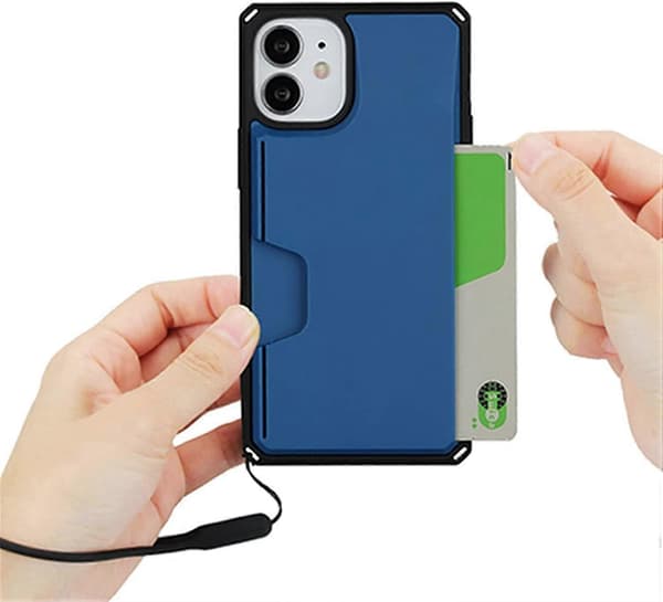 Card Holder Case Compatible with iPhone 12 Mini, TPU Material Wallet Case with Stand & Hand Strap (Navy Blue, iPhone 12 Mini)