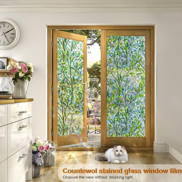 Stained Glass Window Film Static Cling, Removable Reusable Leaf Pattern for Home, Bathroom, Kitchen, 44.5 x 200 cm Green
