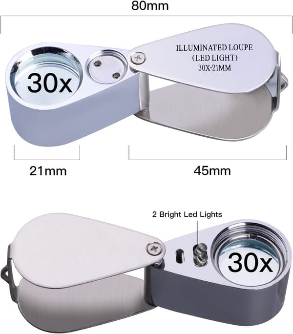 30x Magnifying Glass, Foldable, with LED Light, for