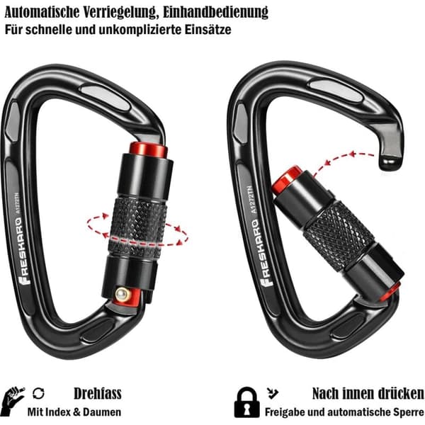 Klatrekarabinhage med automatisk lås, 25kN-2550kg, CE-certificeret, 10cm, Sort Grå